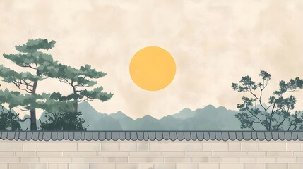 Wall Mural - Asian wall sunset landscape design art