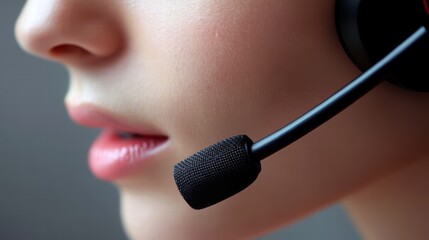 Closeup Woman Mouth Pink Lips Headset Microphone Customer Support Service Representative Professional Communication Technology Modern Office Business 