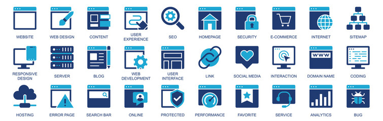 Aufkleber - Website icon set in flat duotone solid icons web design. Pack pictograms with content, user experience, seo, homepage, security, ecommerce, internet, server, blog, link, other. Illustration.