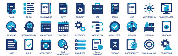 Aufkleber - Task icon set in flat duotone solid icons web design. Pack pictograms with to do list, assignment, duty, project, multitasking, deadline, timetable, operation, priority, other. Illustration.