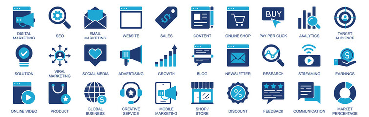 Aufkleber - Digital marketing icon set in flat duotone solid icons web design. Pack pictograms with seo, email, sales, content, pay per click, analytics, target audience, social media, other. Illustration.