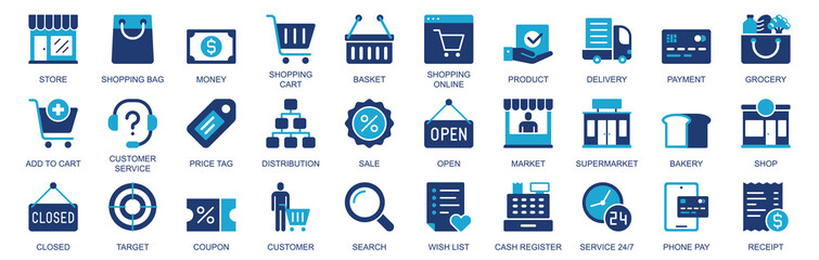 Aufkleber - Shopping icon set in flat duotone solid icons web design. Pack pictograms with store, bag, money, cart, product, delivery, payment, grocery, customer service, price tag, other. Illustration.