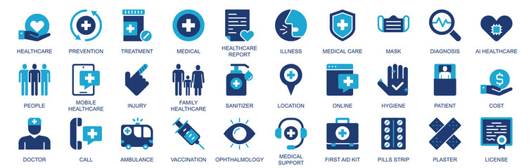 Aufkleber - Healthcare icon set in flat duotone solid icons web design. Pack pictograms with prevention, treatment, medical report, illness, care, mask, diagnosis, injury, sanitizer, other. Illustration.