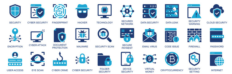 Aufkleber - Cyber security icon set in flat duotone solid icons web design. Pack pictograms with fingerprint, hacker, technology, network, scan, encryption, attack, document, virus, other. Illustration.