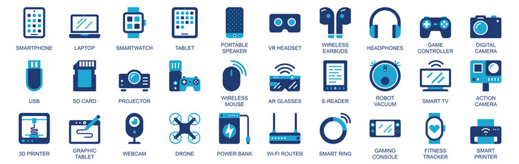 Poster - Tech gadgets icon set in flat duotone solid icons web design. Pack pictograms with smartphone, laptop, smartwatch, tablet, portable speaker, vr headset, wireless earbuds, other. Illustration.