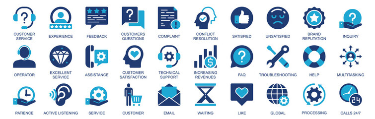 Aufkleber - Customer service icon set in flat duotone solid icons web design. Pack pictograms with experience, feedback, question, conflict resolution, satisfied, brand reputation, other. Illustration.