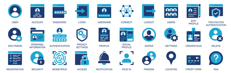 Aufkleber - User account icon set in flat duotone solid icons web design. Pack pictograms with password, login, username, connect, edit, profile, two factor authentication, add friend, other. Illustration.
