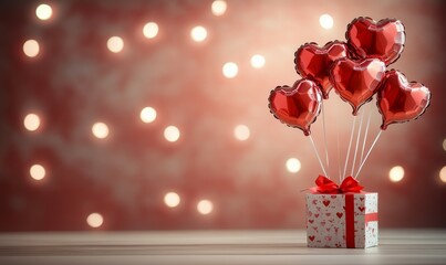 Wall Mural - Gifts for Valentine's Day with heart-shaped balloons and a blank area, set against a background representing Saint Valentine and love