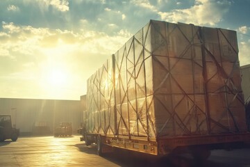 Aufkleber - Sunset cargo truck transporting wrapped goods at loading dock in industrial area. Generative AI