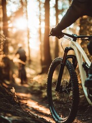 Poster - Biking through sunlit forest trails during golden hour creates a tranquil adventure experience in nature. Generative AI