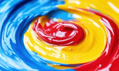 Abstract close-up of colorful acrylic paint swirling in water, vibrant red, blue, and yellow tones creating smooth motion, artistic fluid concept