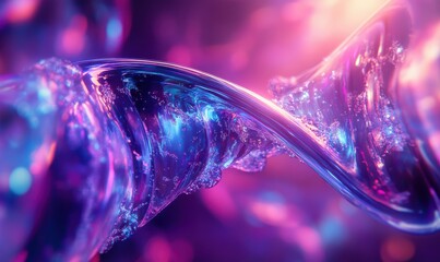 Wall Mural - Abstract digital DNA helix glowing in vibrant purple and blue tones, soft reflections creating depth, futuristic bioengineering concept