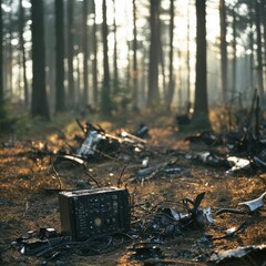 Poster - Black box recorder and airplane debris scattered in a forest clearing after a tragic aviation incident. Generative AI