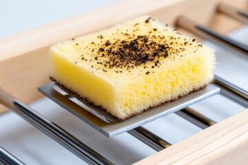 Yellow sponge with dark particles on a metal tray, resting on a wooden rack, for drying.