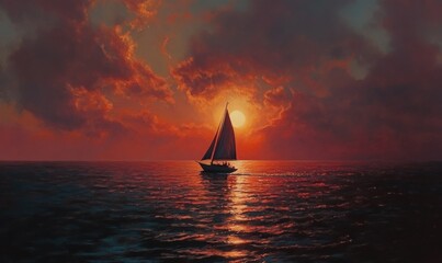 Wall Mural - At sunset, a single sailboat drifts on the serene ocean, the sky ablaze and the sun's reflection dancing on the water's surface.