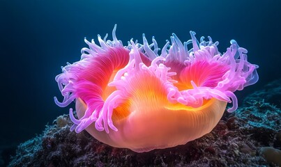 Wall Mural - A glowing sea anemone with vibrant pink, orange, and translucent tentacles sits on a coral reef in deep waters