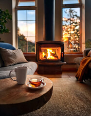 Poster - Warm Afternoon Retreat in a Cozy Living Room With a Crackling Fireplace and Sunset Views