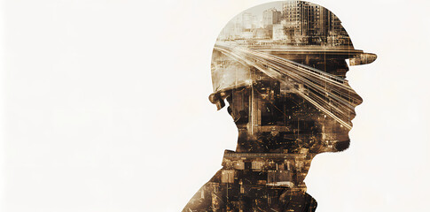 Industrial Visionary: Double exposure image of a construction worker's profile, overlaid with a bustling cityscape, symbolizing ambition, progress, and the human element in urban development.