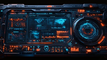 Poster - Futuristic Tech Interface Digital Dashboard Screen Neon Orange Blue Sci Fi Control Panel Modern Technology User Interface Digital World Map Graphics  