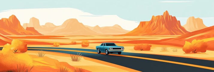 Wall Mural - Driving along a winding desert road with distant mountains under warm orange and yellow hues. Generative AI