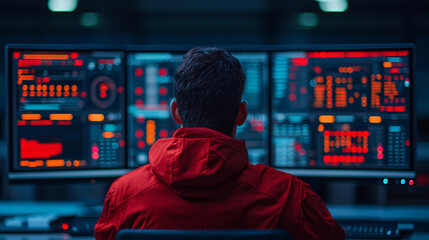 man in red hoodie analyzing data streams on multiple monitors in a dark tech environment