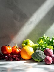 Poster - Fresh vegetables and fruits arranged on a marble surface with natural light illuminating their vibrant colors. Generative AI
