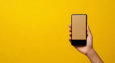 Hand Holding Smartphone: A hand holds a modern smartphone with a blank screen against a vibrant yellow background, offering a blank canvas for your creative message.