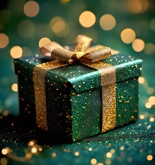 Wall Mural - Emerald gift box, gold ribbon, bokeh lights, holiday