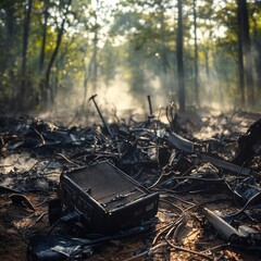 Aufkleber - Black box recorder among scattered airplane parts in a forest environment after an aircraft incident. Generative AI
