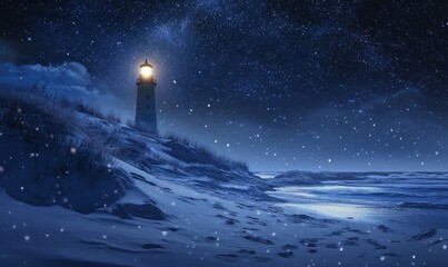Poster - snowy beach with distant, glowing lighthouse under a starry sky, with the snow-covered sand reflecti