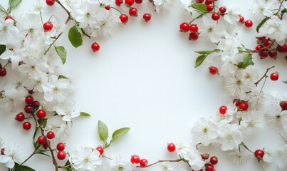 Wall Mural - Delicate arrangement of spring blossoms and vibrant red berries forming a circular frame on a white table, softly lit to highlight textures