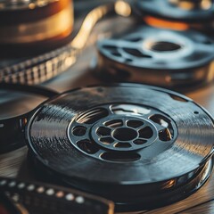 Poster - Vintage film reels and tape create a nostalgic atmosphere for storytelling and cinematic memories in close up view. Generative AI