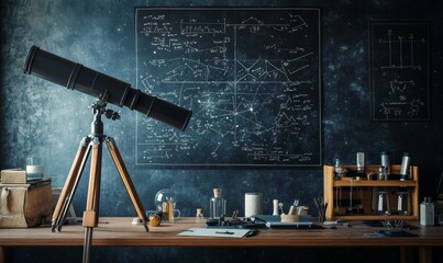 Poster - astrophysicist's workspace with complex equations on a chalkboard and a telescope aimed at the night