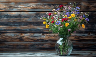 Wall Mural - Freshly picked bouquet of wildflowers in a glass vase, vibrant colors standing out against a rustic wooden backgroun