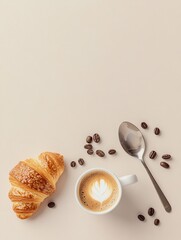 Aufkleber - Warm coffee and flaky croissant on soft background for a cozy breakfast experience. Generative AI