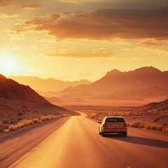 Poster - Driving through a warm desert landscape with distant mountains under a stunning sunset. Generative AI