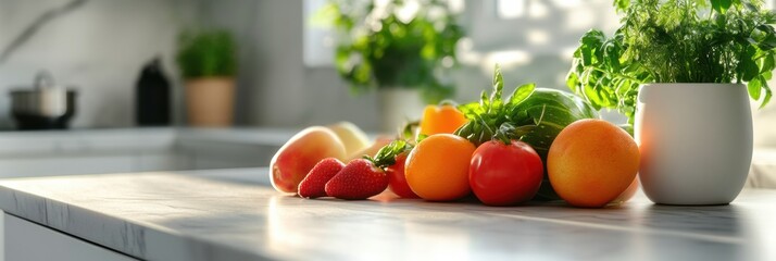 Poster - Fresh fruits and vegetables displayed on a kitchen countertop with natural light and greenery in the background. Generative AI