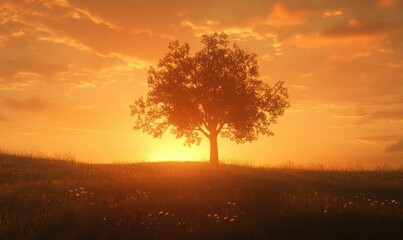 Wall Mural - Dramatic single tree silhouetted against a fiery orange sunset, surrounded by expansive fields, symbolizing solitude and natural beauty.