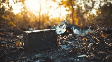 Aufkleber - Black box recorder found amid scattered airplane debris in a wooded area during sunset. Generative AI