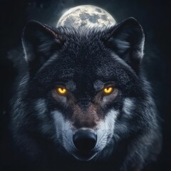 Aufkleber - Majestic wolf with glowing eyes under a full moon in a dark night sky captures the essence of the wild. Generative AI