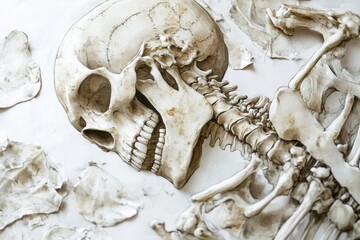 Aufkleber - Detailed illustration of human skeleton showing intricate bone structure and textures on a light background. Generative AI