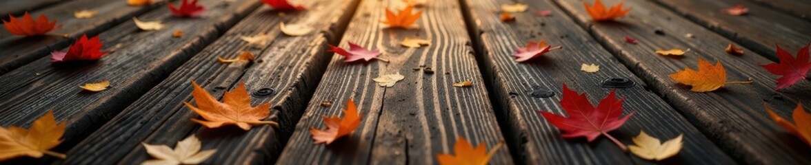 Wall Mural - Dark stained wood planks, fallen leaves scattered, dramatic, wooden, fallen leaves