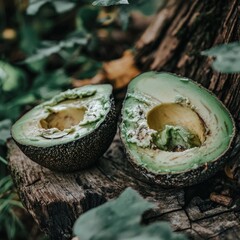 Wall Mural - an avocado cut in half, showcasing the vibrant green flesh and pit in a rustic wooden setting