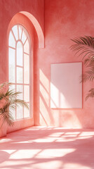 Poster - A soft pink room with a large window, sunlight casting gentle shadows on the floor, and a plant beside an empty frame. This image symbolizes serenity, elegance, and minimalist design.
