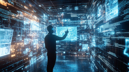 Poster - Person in virtual reality headset interacting with holographic digital screens in futuristic space, representing advanced technology, innovation, and data analysis.