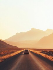 Aufkleber - Car travels a picturesque desert road with mountains in the distance under warm orange and yellow tones. Generative AI