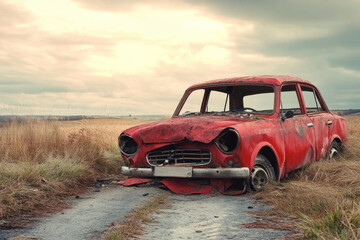 Old car sits in a field surrounded by tall grass, rusting and weathered. The background shows a vast, open landscape with a clear blue sky overhead.