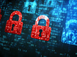 Poster - A digital background with padlocks and numbers, a red lock in the middle of blue ones on a digital screen, representing a security concept
