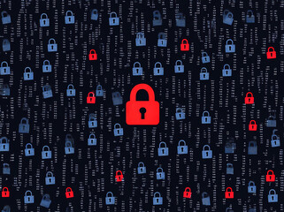 Poster - A digital background with padlocks and numbers, a red lock in the middle of blue ones on a digital screen, representing a security concept