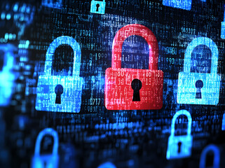 Poster - A digital background with padlocks and numbers, a red lock in the middle of blue ones on a digital screen, representing a security concept